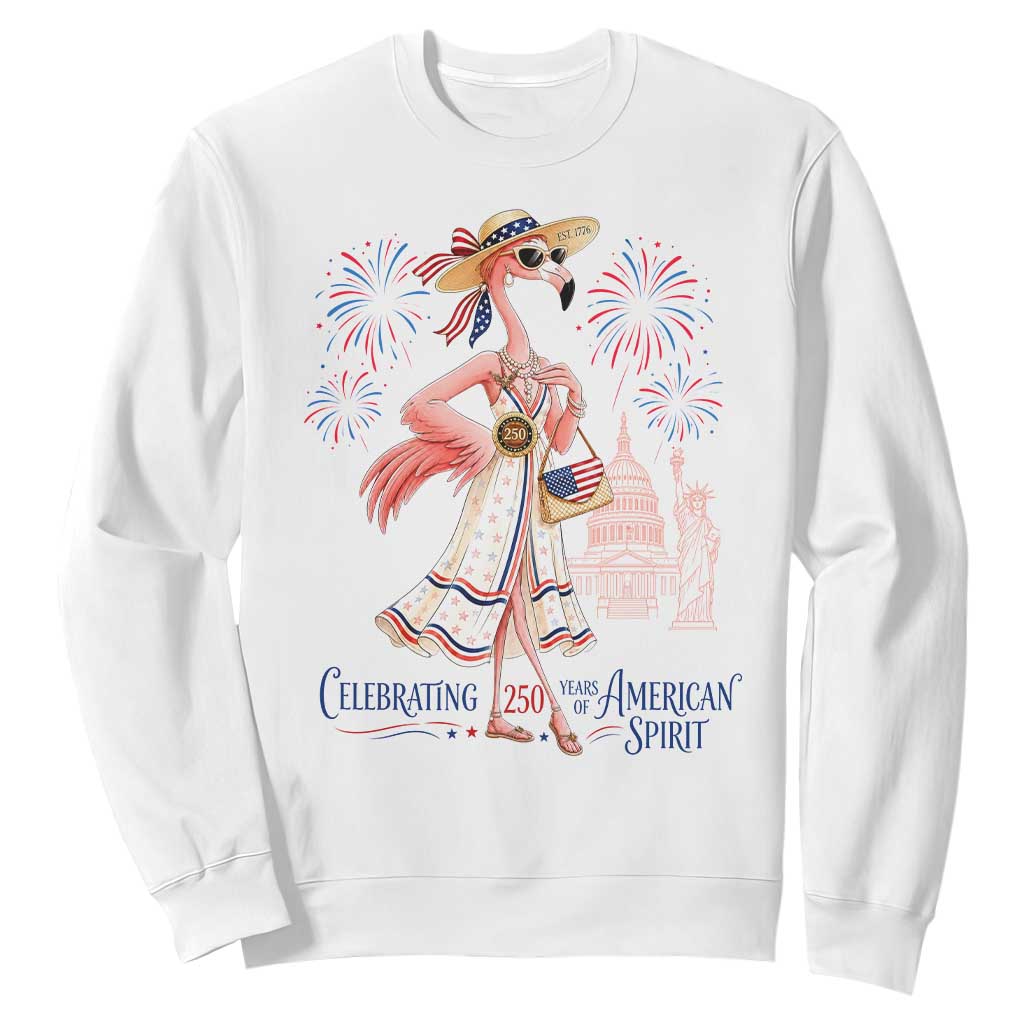 Celebrating 250 Years of American Spirit Flamingo Sweatshirt Cute Patriotic Tropical Bird Summer Landmarks Fireworks TS02 White Print Your Wear