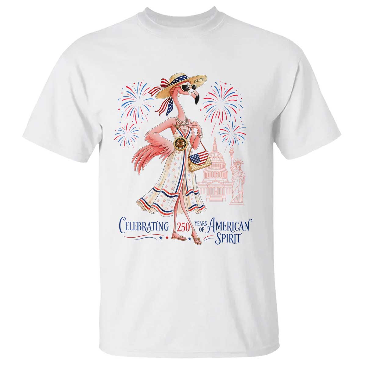 Celebrating 250 Years of American Spirit Flamingo T Shirt Cute Patriotic Tropical Bird Summer Landmarks Fireworks TS02 White Print Your Wear