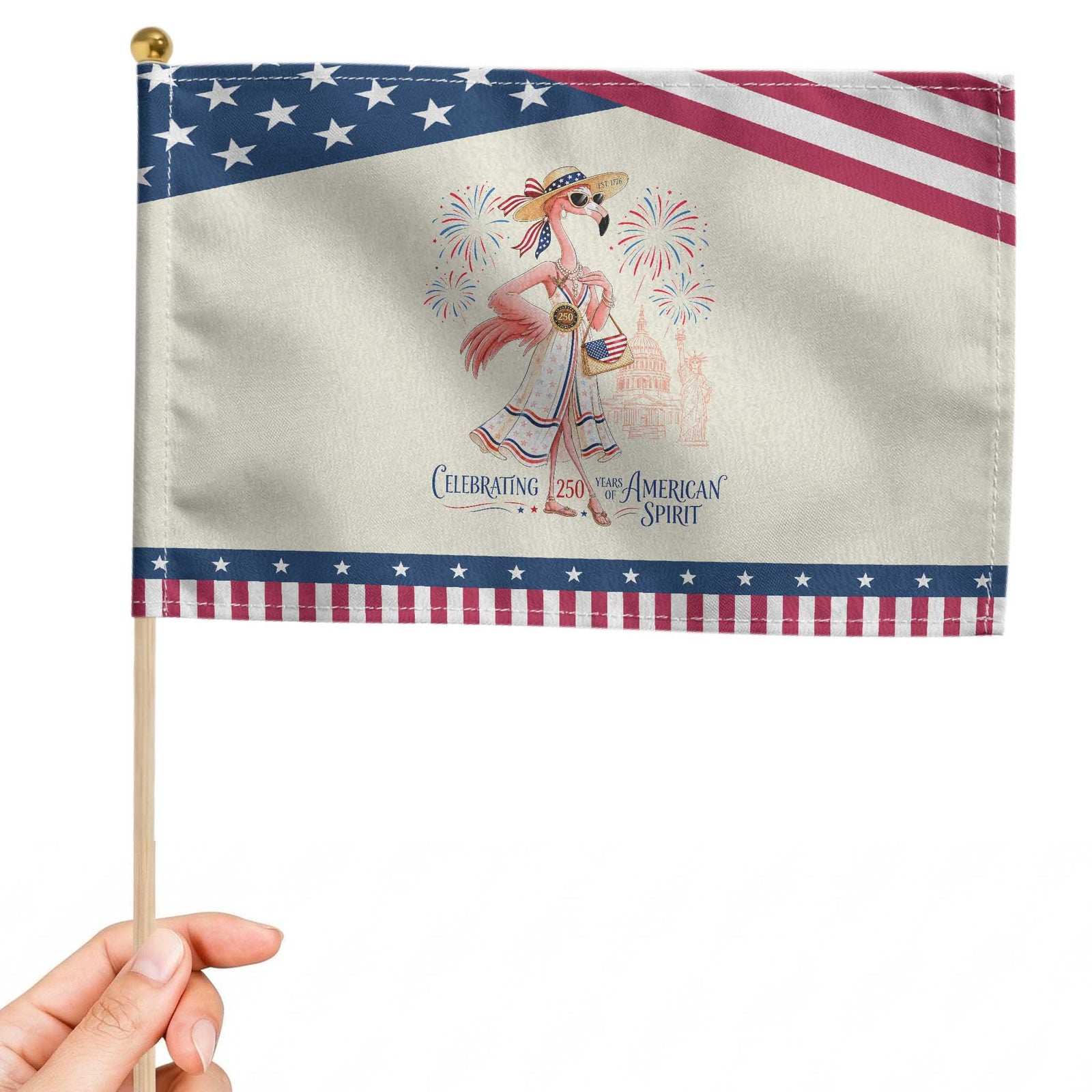 Celebrating 250 Years of American Spirit Flamingo Patriotic Handheld Flag Cute Tropical Bird Summer Landmarks Fireworks TS02 Modern 8.2