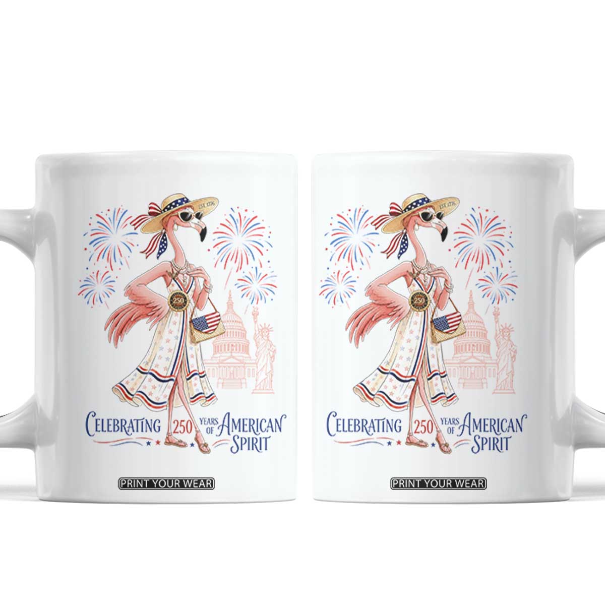 Celebrating 250 Years of American Spirit Flamingo Coffee Mug Cute Patriotic Tropical Bird Summer Landmarks Fireworks TS02 White Print Your Wear