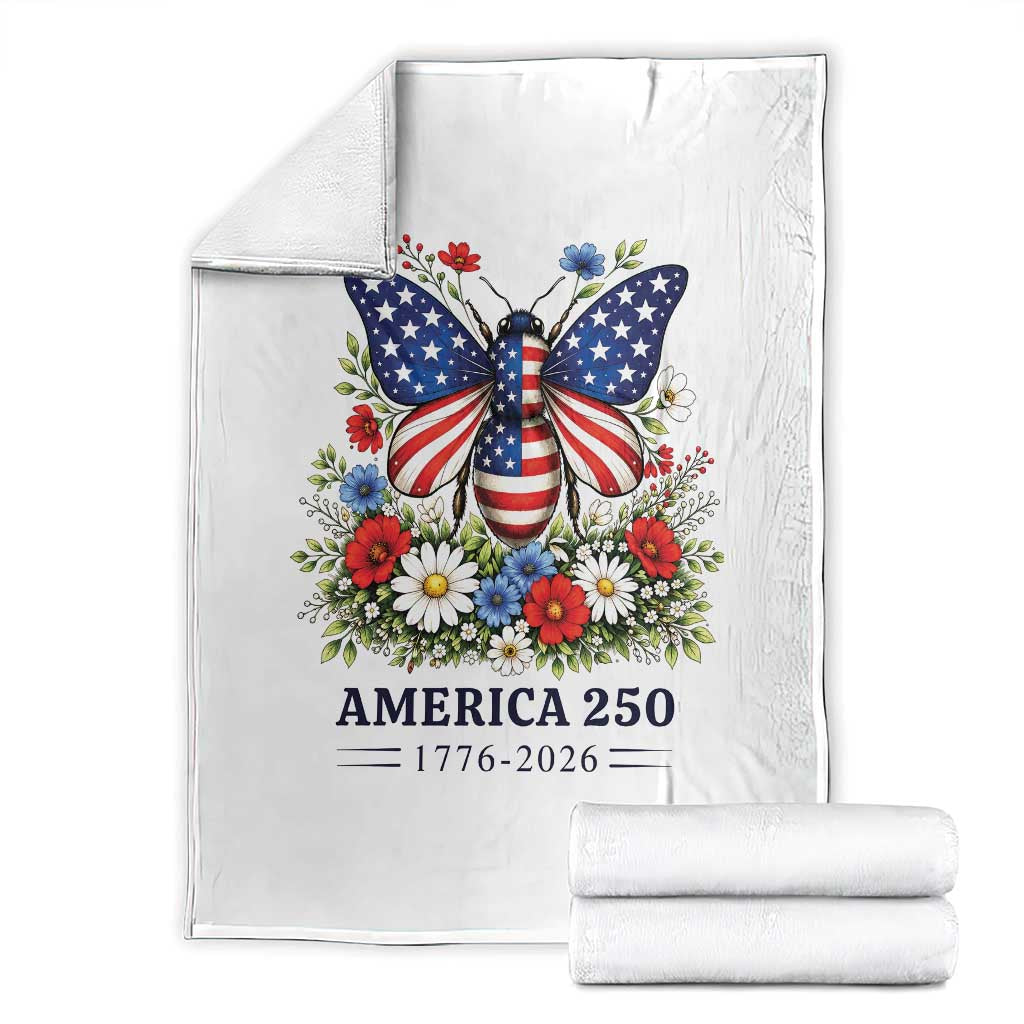 America 250 Patriotic Butterfly Floral Graphic Throw Blanket American Flag Wings Watercolor Wildflowers 1776 to 2026 Semiquincentennial TS02 White Print Your Wear