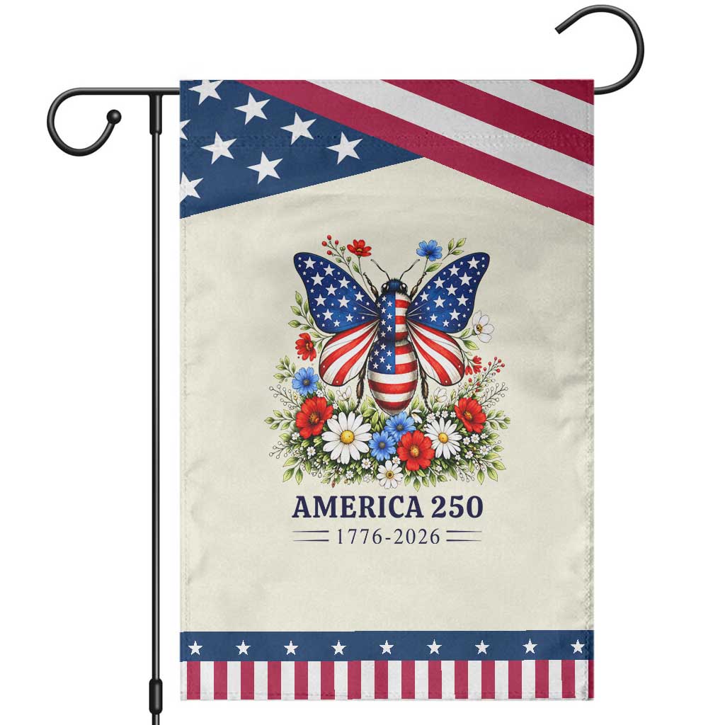 America 250 Butterfly Floral Graphic Patriotic Garden Flag American Flag Wings Watercolor Wildflowers 1776 to 2026 Semiquincentennial TS02 Modern Beige Blue Print Your Wear