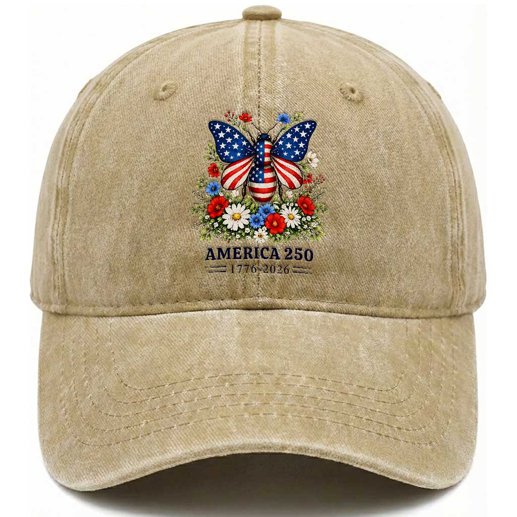 America 250 Patriotic Butterfly Floral Graphic Washed Cotton Baseball Cap American Flag Wings Watercolor Wildflowers 1776 to 2026 Semiquincentennial TS02 Print Your Wear