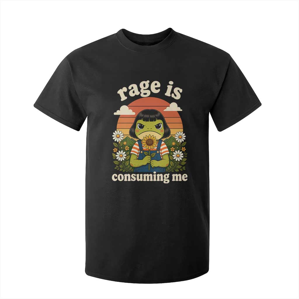 Rage Is Consuming Me Funny Cute Retro Cottagecore Frog Meme T Shirt For Kid Holding Sunflower Sunset Aesthetic Humor TS02 Black Print Your Wear