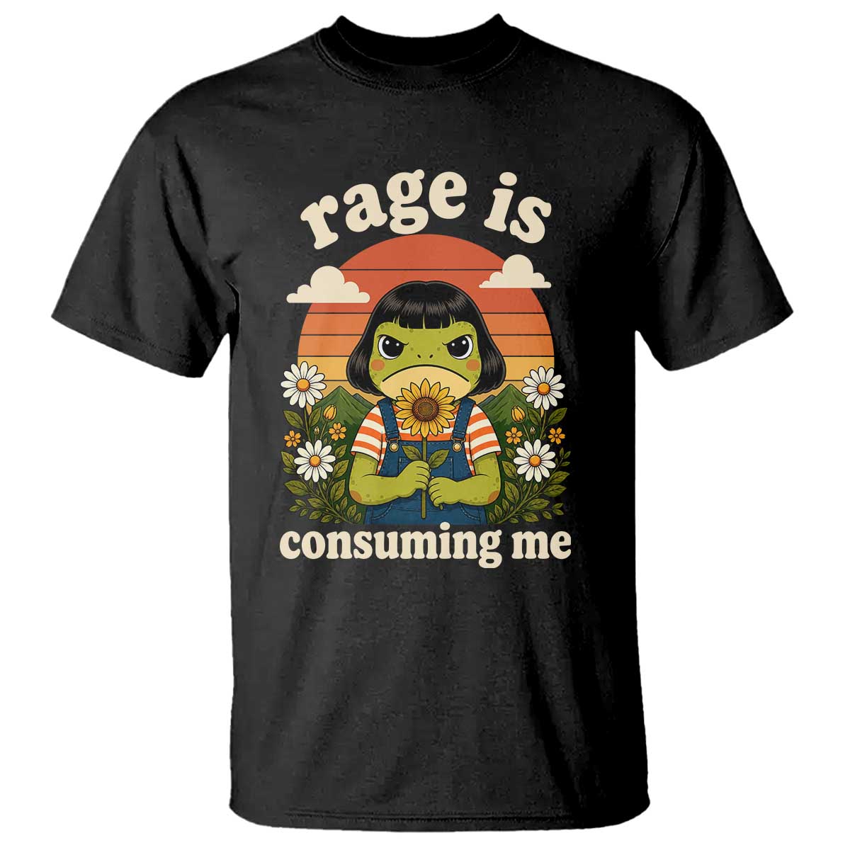 Rage Is Consuming Me Funny Cute Retro Cottagecore Frog Meme T Shirt Holding Sunflower Sunset Aesthetic Humor TS02 Black Print Your Wear