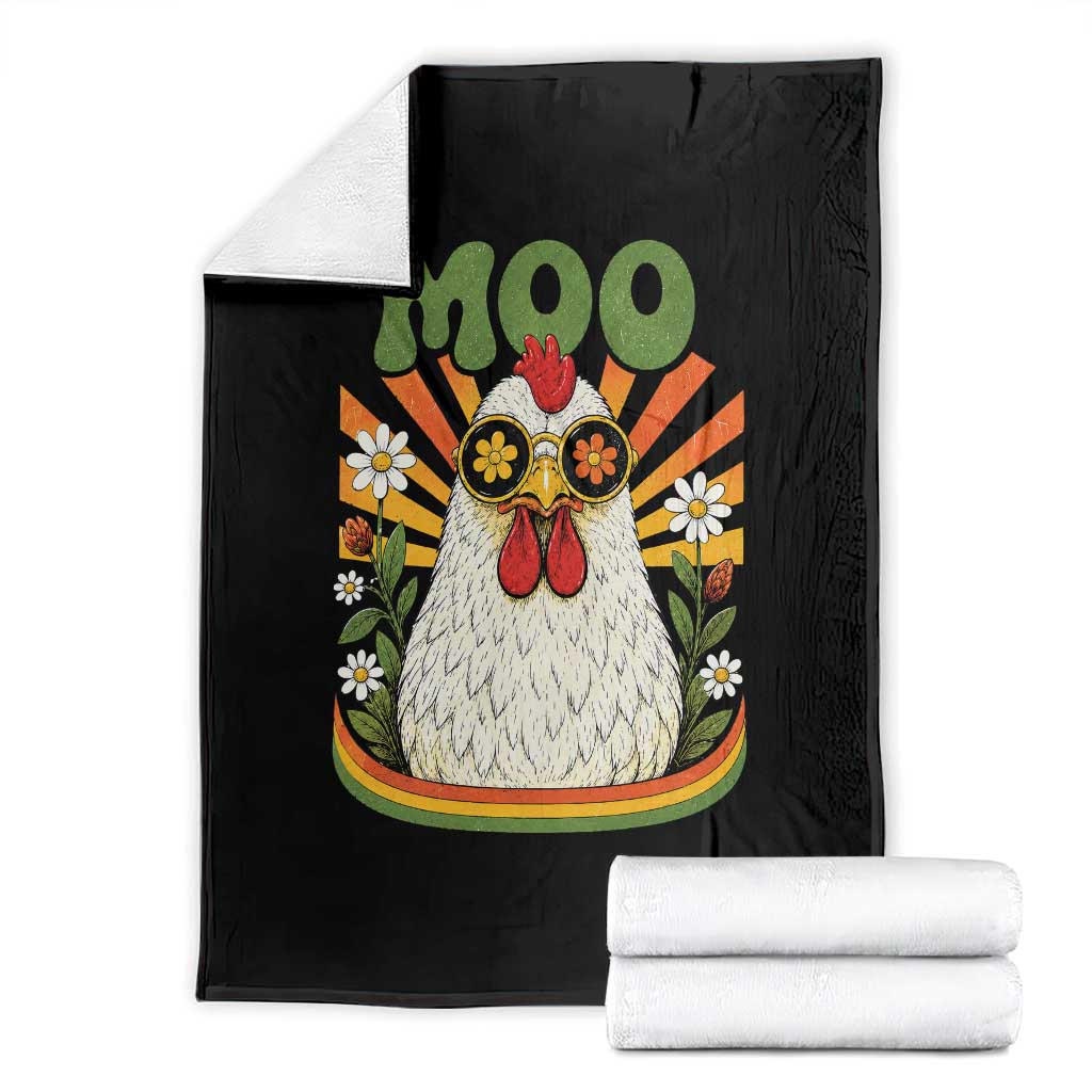 Retro Moo Chicken Wearing Sunglasses Graphic Throw Blanket Funny Groovy Farm Animal Pun Vintage Sunburst TS02 Black Print Your Wear