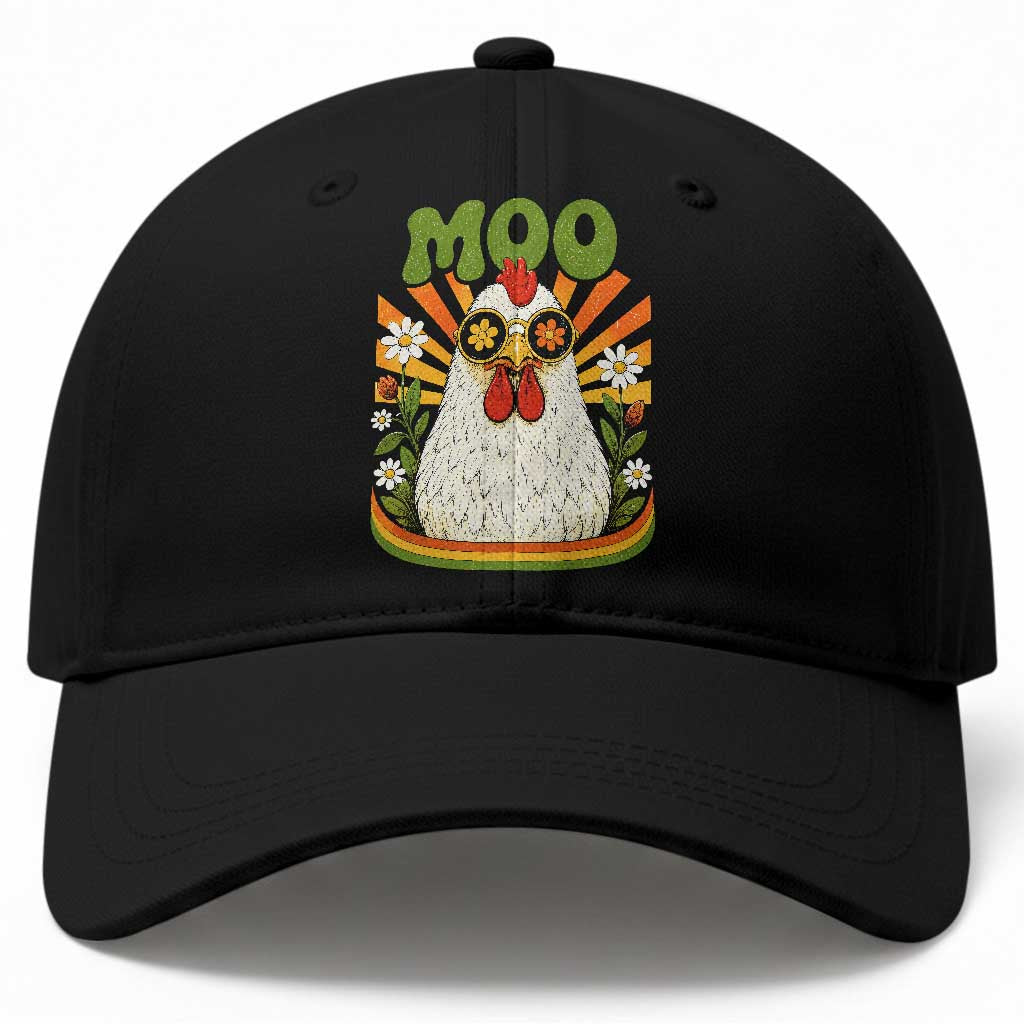 Retro Moo Chicken Wearing Sunglasses Graphic Baseball Cap Funny Groovy Farm Animal Pun Vintage Sunburst TS02 Print Your Wear