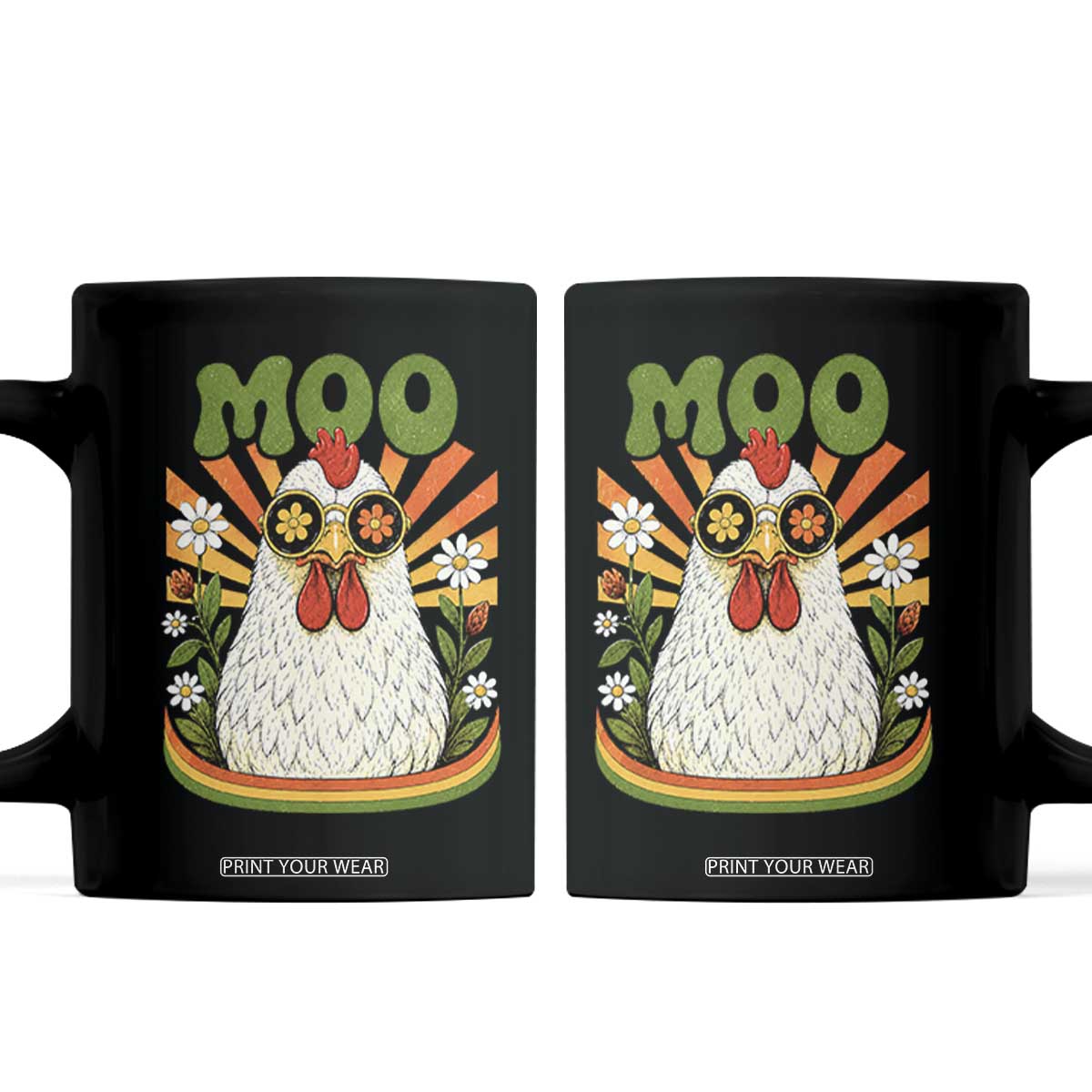 Retro Moo Chicken Wearing Sunglasses Graphic Coffee Mug Funny Groovy Farm Animal Pun Vintage Sunburst TS02 Black Print Your Wear