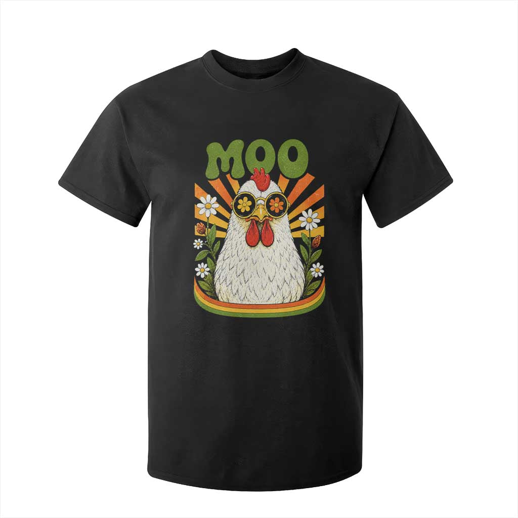 Retro Moo Chicken Wearing Sunglasses Graphic T Shirt For Kid Funny Groovy Farm Animal Pun Vintage Sunburst TS02 Black Print Your Wear