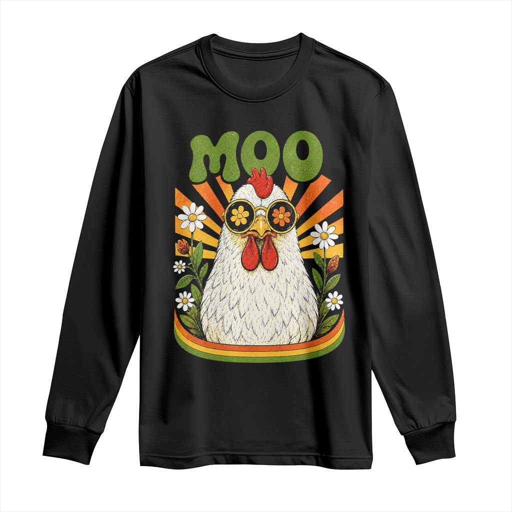 Retro Moo Chicken Wearing Sunglasses Graphic Long Sleeve Shirt Funny Groovy Farm Animal Pun Vintage Sunburst TS02 Black Print Your Wear
