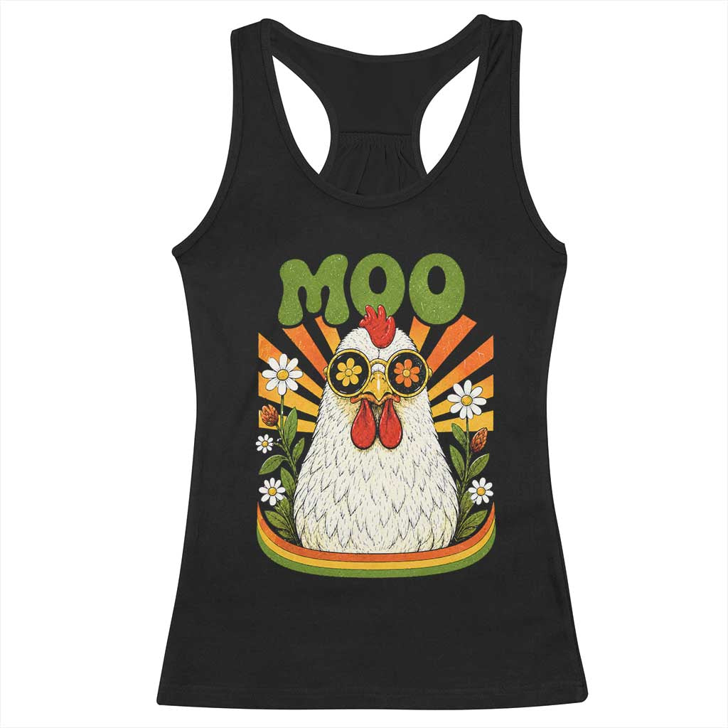 Retro Moo Chicken Wearing Sunglasses Graphic Racerback Tank Top Funny Groovy Farm Animal Pun Vintage Sunburst TS02 Black Print Your Wear