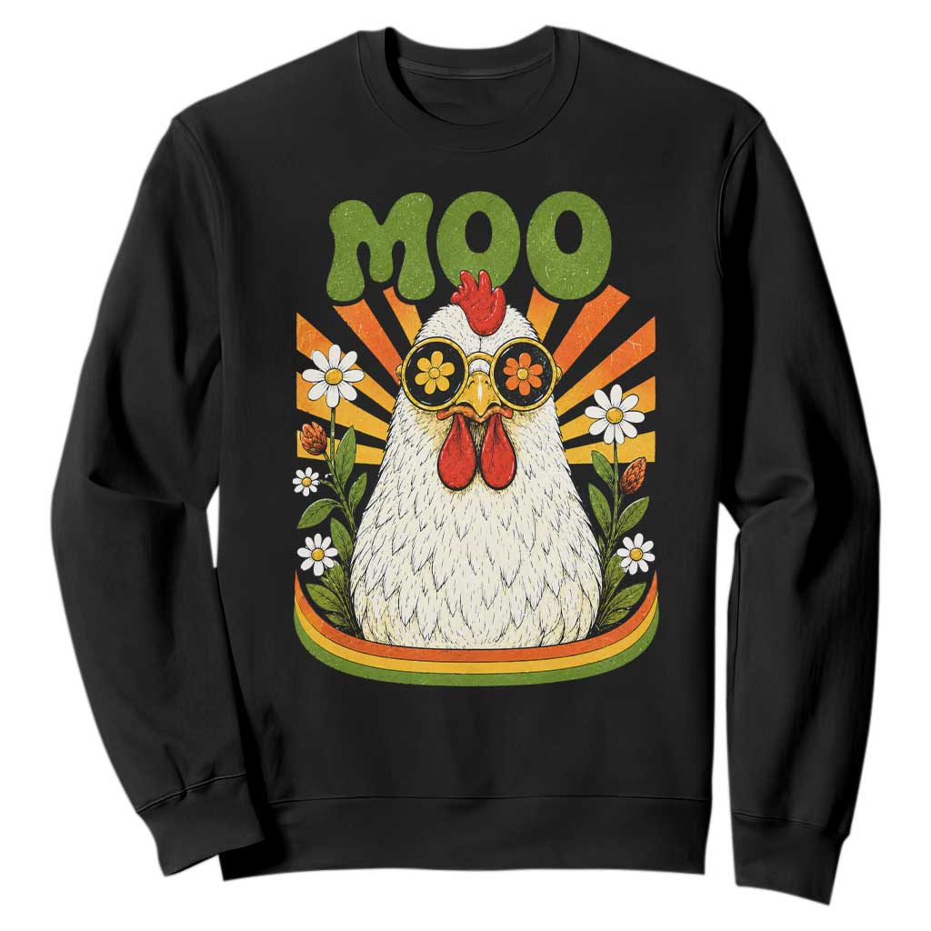 Retro Moo Chicken Wearing Sunglasses Graphic Sweatshirt Funny Groovy Farm Animal Pun Vintage Sunburst TS02 Black Print Your Wear
