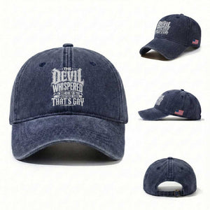 The Devil Whispered I Whispered Back That's Gay Washed Cotton Baseball Cap Funny Sarcastic Gothic Meme Parody TS02 Washed Cap Universal Fit Navy Print Your Wear