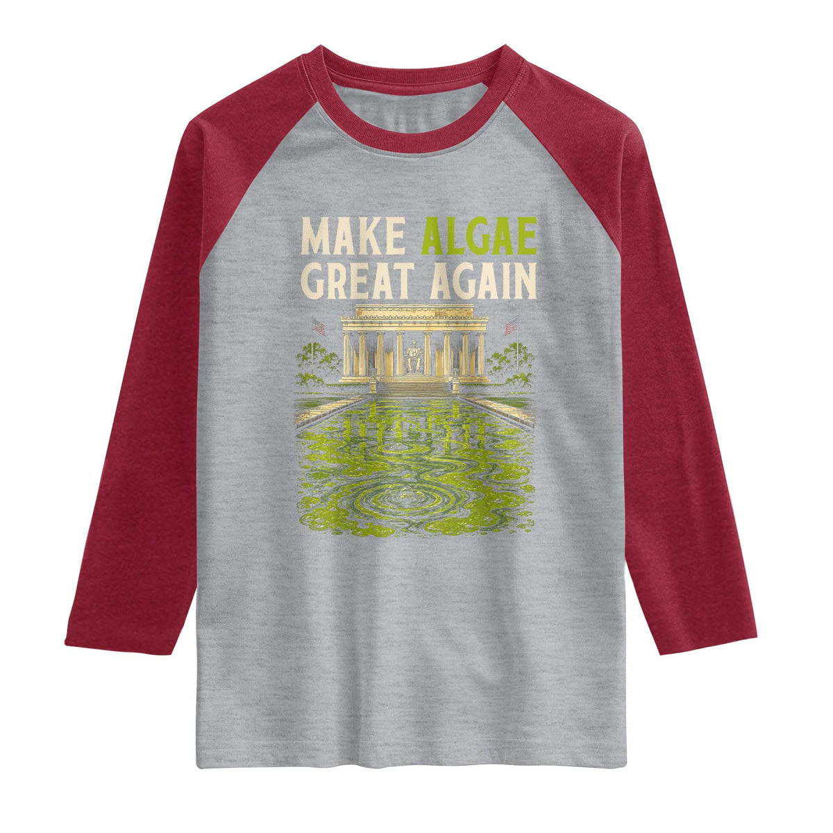 Make Algae Great Again Lincoln Memorial Reflecting Pool Graphic Raglan Shirt Funny Washington DC Viral Swamp Meme TS02 Heather Gray Heather Red Print Your Wear