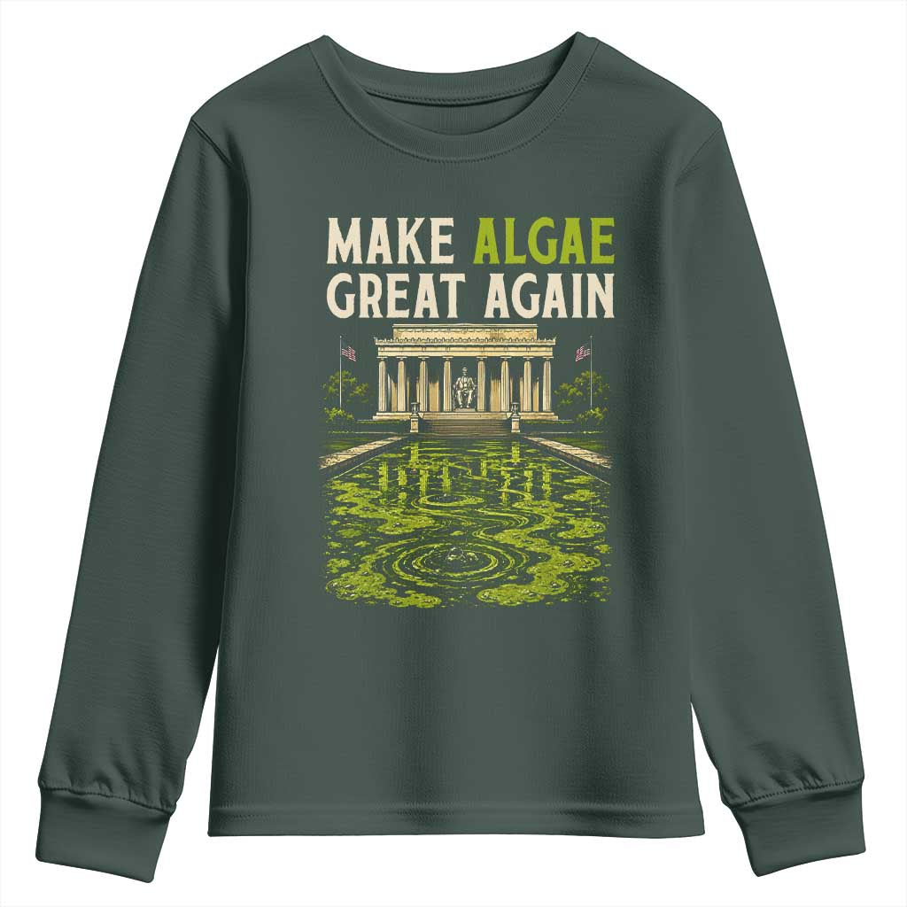 Make Algae Great Again Lincoln Memorial Reflecting Pool Graphic Youth Sweatshirt Funny Washington DC Viral Swamp Meme TS02 Dark Forest Green Print Your Wear