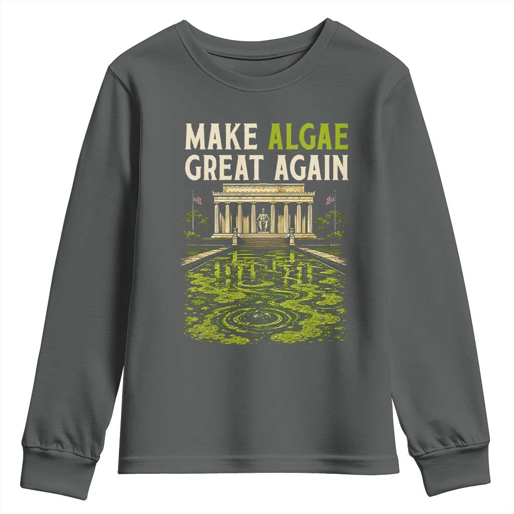 Make Algae Great Again Lincoln Memorial Reflecting Pool Graphic Youth Sweatshirt Funny Washington DC Viral Swamp Meme TS02 Dark Heather Print Your Wear