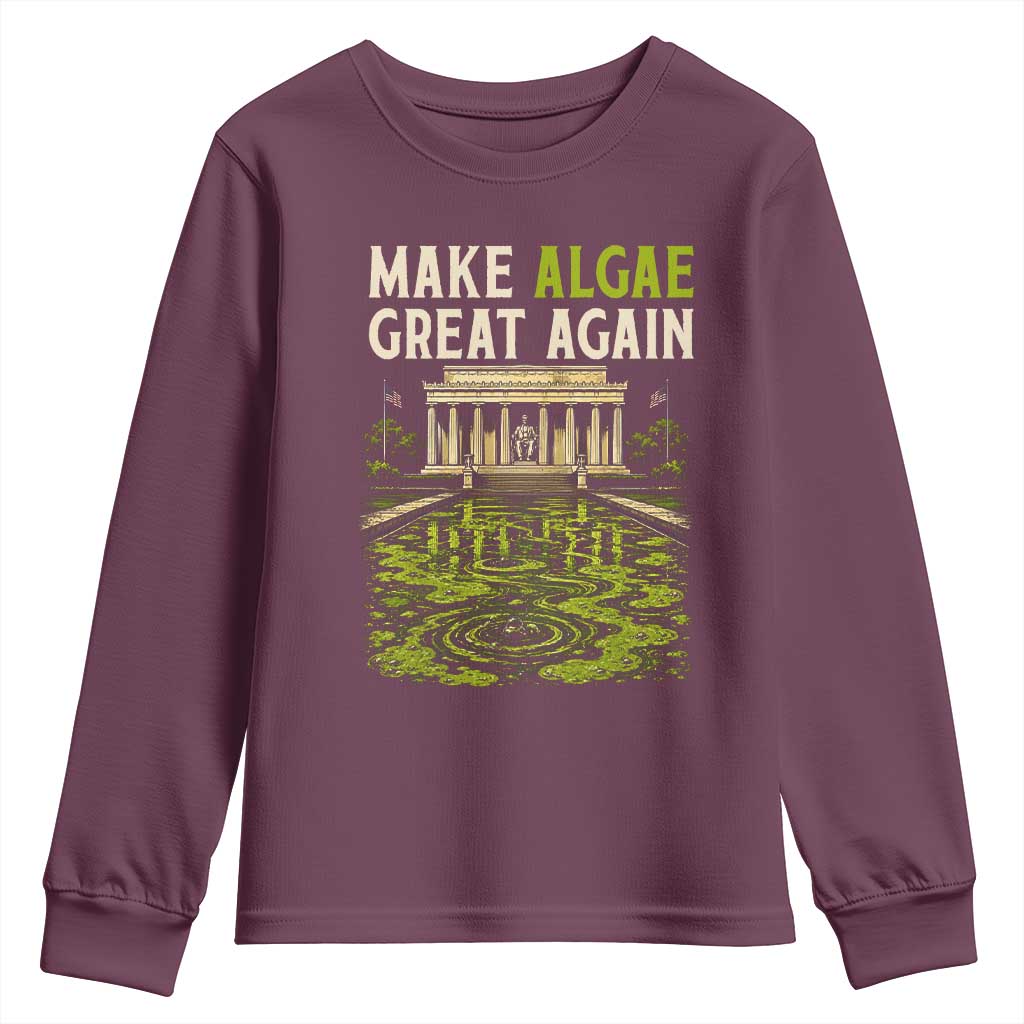 Make Algae Great Again Lincoln Memorial Reflecting Pool Graphic Youth Sweatshirt Funny Washington DC Viral Swamp Meme TS02 Maroon Print Your Wear