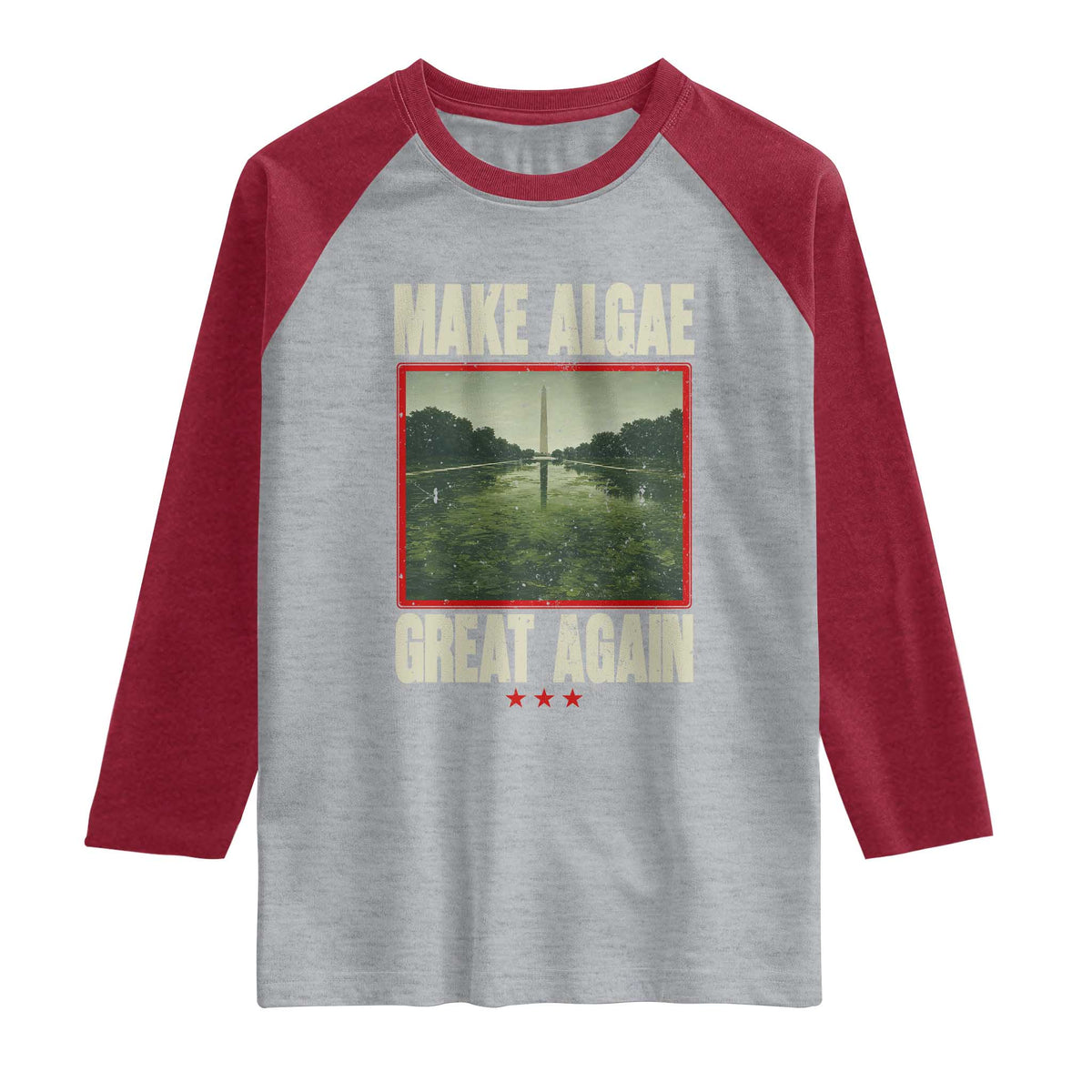 Make Algae Great Again Funny DC Slamp Slime Parody Raglan Shirt Washington Monument Reflecting Pool Vintage Photo TS02 Heather Gray Heather Red Print Your Wear