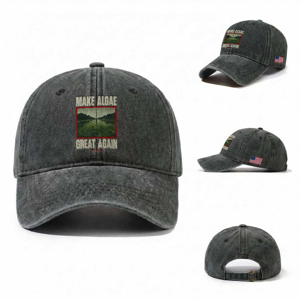 Make Algae Great Again Funny DC Slamp Slime Parody Washed Cotton Baseball Cap Washington Monument Reflecting Pool Vintage Photo TS02 Washed Cap Universal Fit Dark Green Print Your Wear