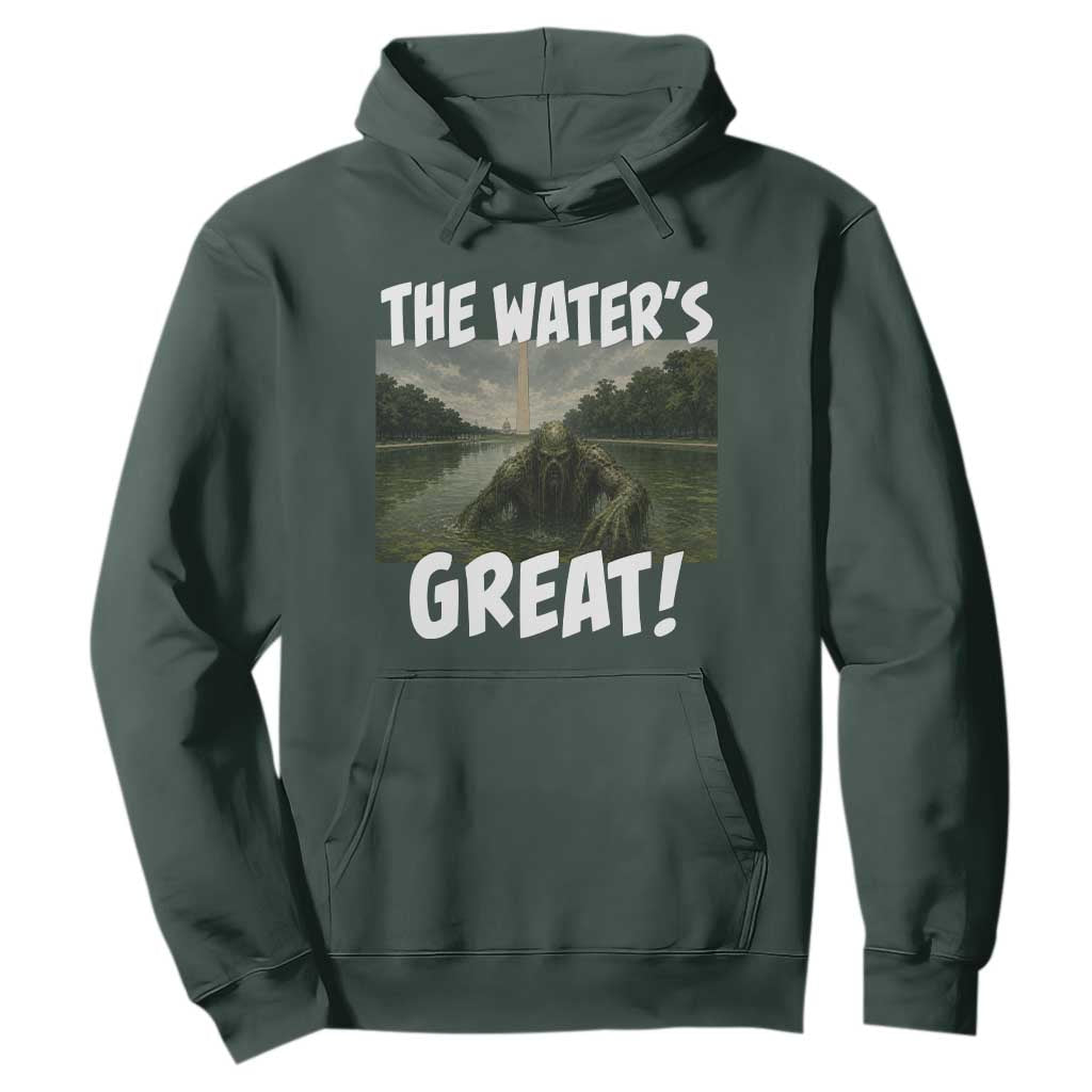 The Water is Great Swamp Monster Reflecting Pool Hoodie Funny Washington DC Algae Creature Meme TS02 Dark Forest Green Print Your Wear