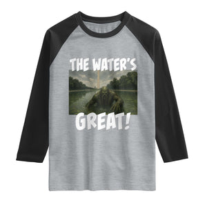 The Water is Great Swamp Monster Reflecting Pool Raglan Shirt Funny Washington DC Algae Creature Meme TS02 Heather Gray Black Print Your Wear