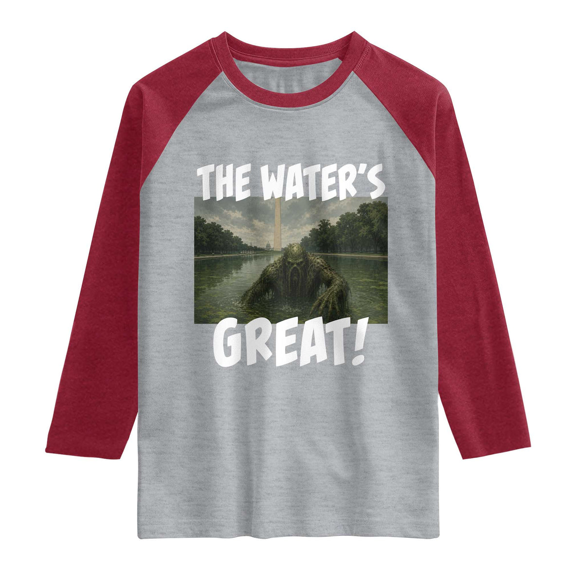 The Water is Great Swamp Monster Reflecting Pool Raglan Shirt Funny Washington DC Algae Creature Meme TS02 Heather Gray Heather Red Print Your Wear