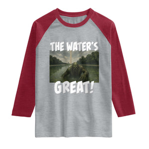 The Water is Great Swamp Monster Reflecting Pool Raglan Shirt Funny Washington DC Algae Creature Meme TS02 Heather Gray Heather Red Print Your Wear