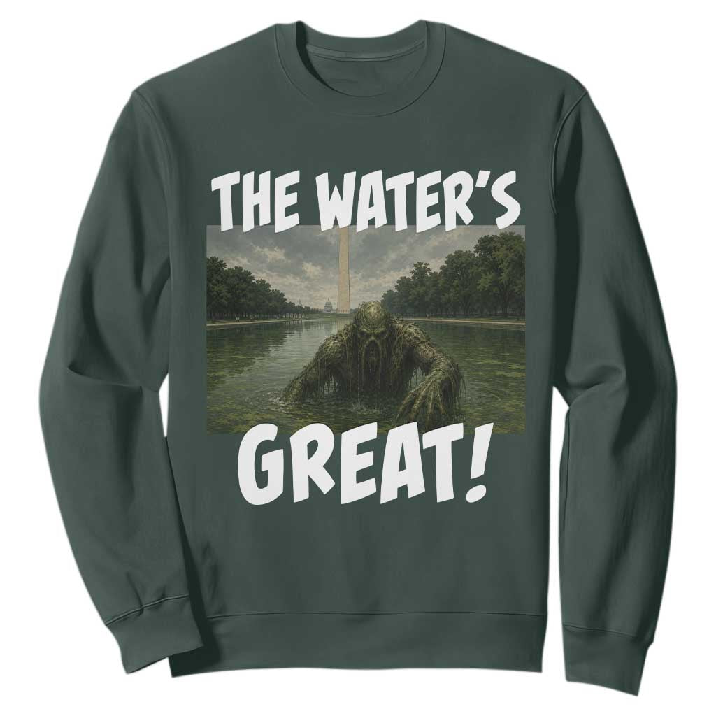The Water is Great Swamp Monster Reflecting Pool Sweatshirt Funny Washington DC Algae Creature Meme TS02 Dark Forest Green Print Your Wear