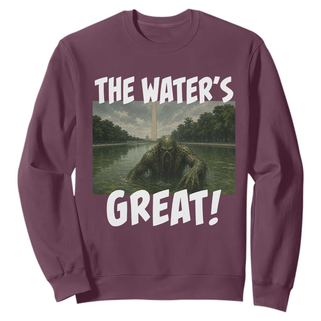 The Water is Great Swamp Monster Reflecting Pool Sweatshirt Funny Washington DC Algae Creature Meme TS02 Maroon Print Your Wear