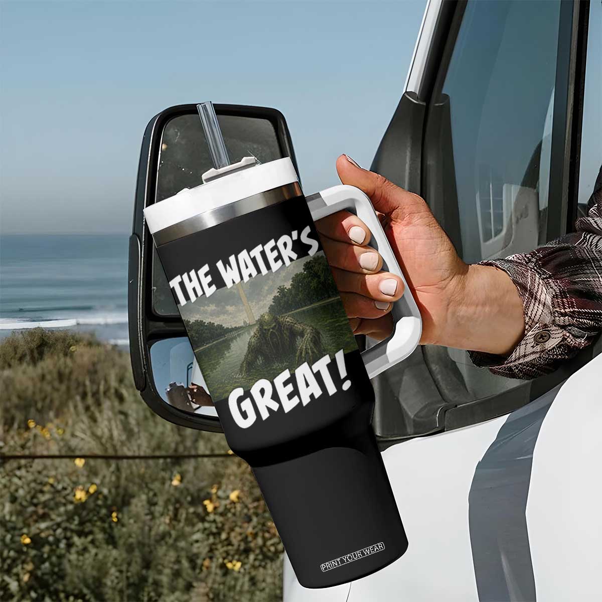The Water is Great Swamp Monster Reflecting Pool Tumbler With Handle Funny Washington DC Algae Creature Meme TS02 Print Your Wear