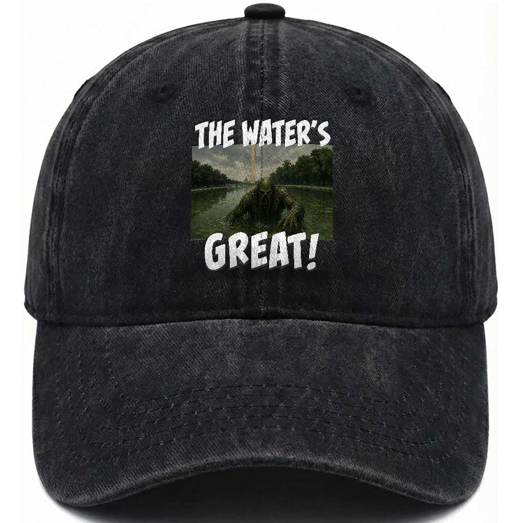 The Water is Great Swamp Monster Reflecting Pool Washed Cotton Baseball Cap Funny Washington DC Algae Creature Meme TS02 Print Your Wear