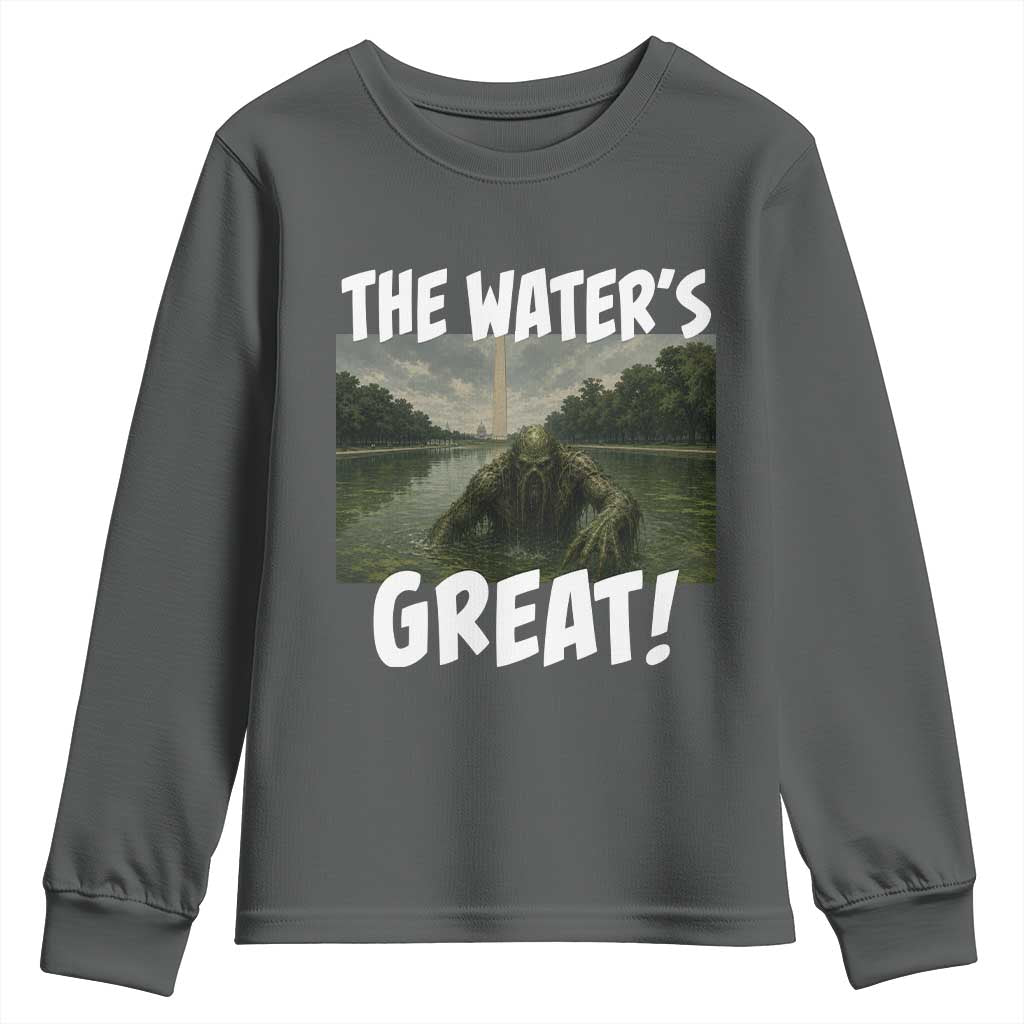 The Water is Great Swamp Monster Reflecting Pool Youth Sweatshirt Funny Washington DC Algae Creature Meme TS02 Dark Heather Print Your Wear