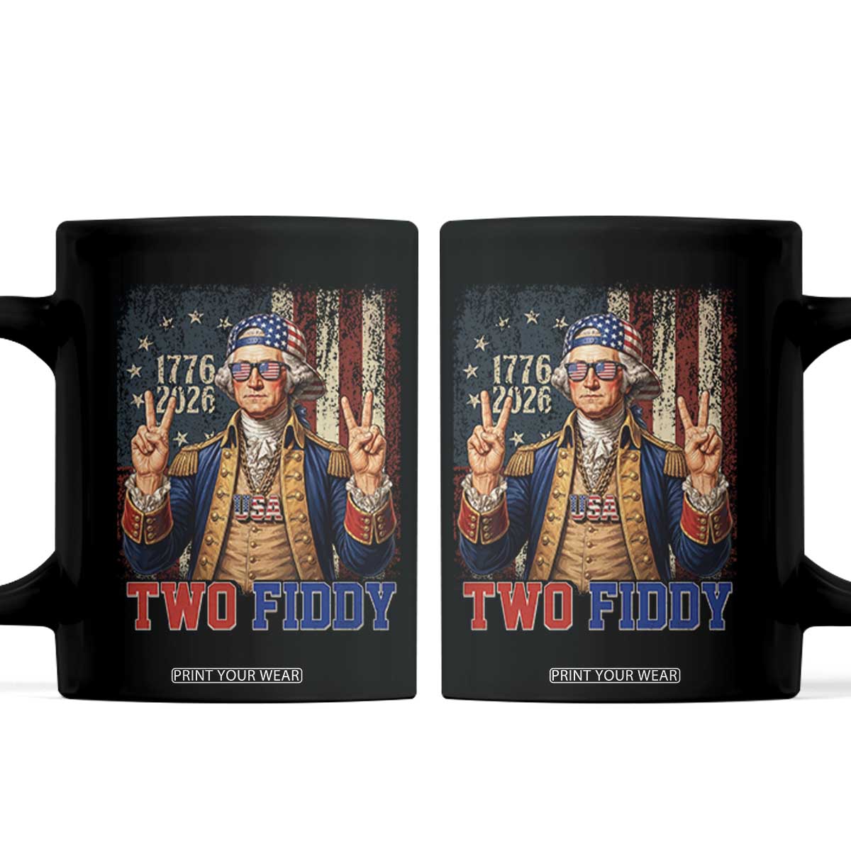 Two Fiddy George Washington Peace Signs Coffee Mug Funny Semiquincentennial Hip Hop Style President TS02 Black Print Your Wear