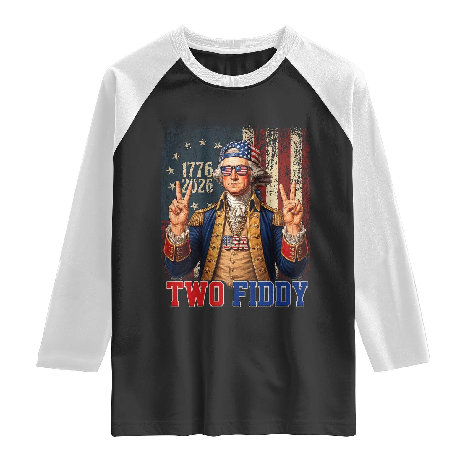 Two Fiddy George Washington Peace Signs Raglan Shirt Funny Semiquincentennial Hip Hop Style President TS02 Black White Print Your Wear