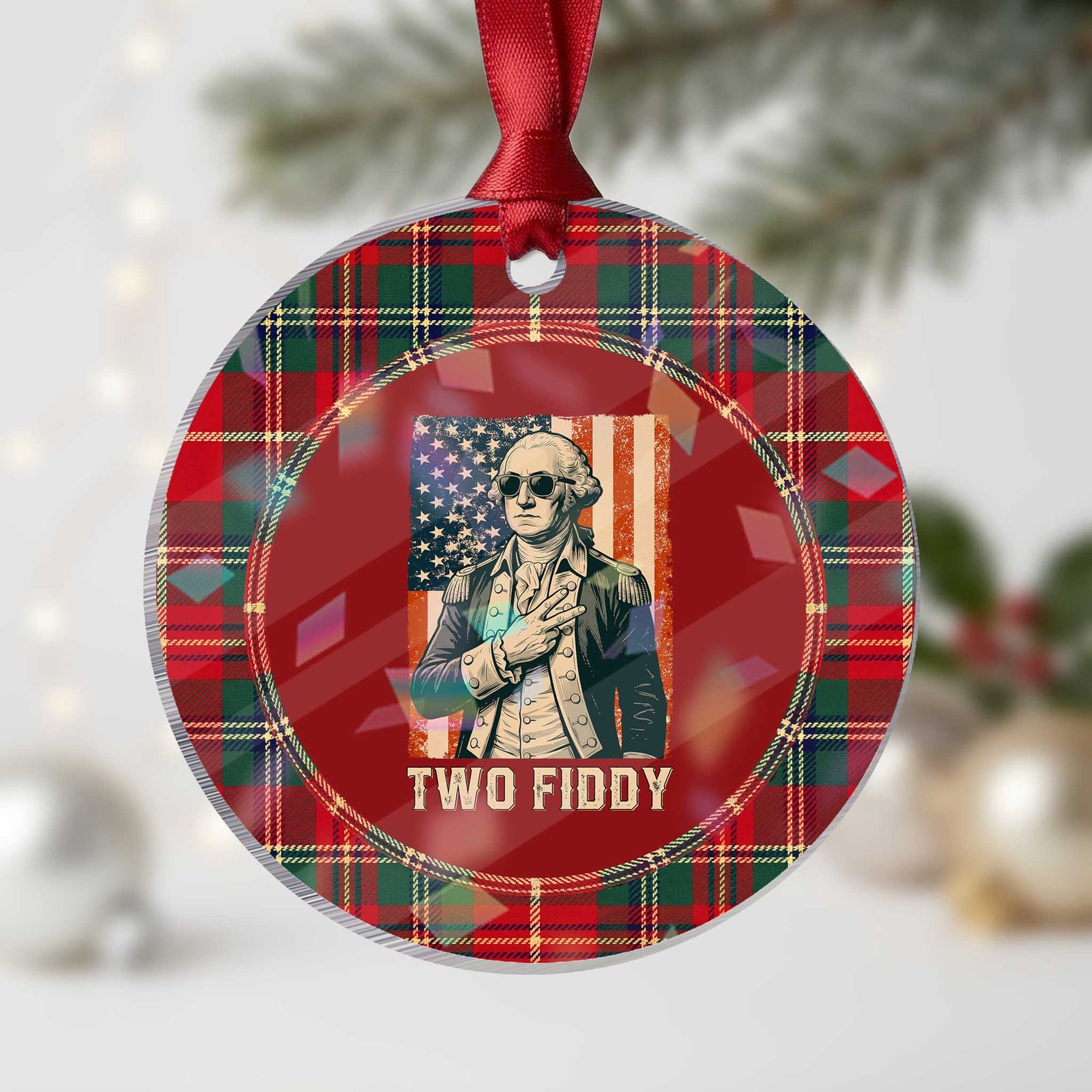 Two Fiddy Vintage George Washington Holographic Acrylic Ornament Funny Sunglasses Peace Sign Retro American Flag Semiquincentennial