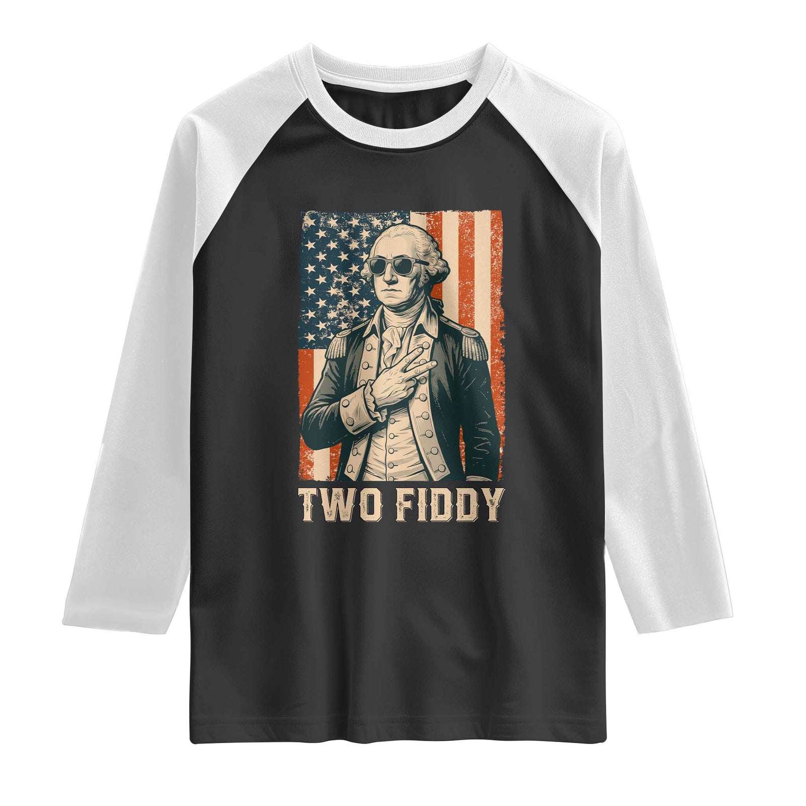Two Fiddy Vintage George Washington Raglan Shirt Funny Sunglasses Peace Sign Retro American Flag Semiquincentennial TS02 Black White Print Your Wear