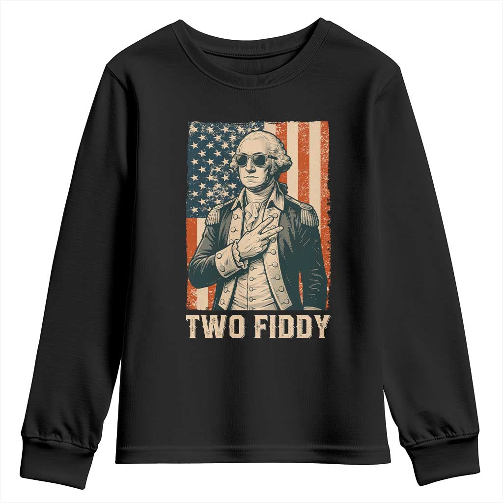 Two Fiddy Vintage George Washington Youth Sweatshirt Funny Sunglasses Peace Sign Retro American Flag Semiquincentennial TS02 Black Print Your Wear