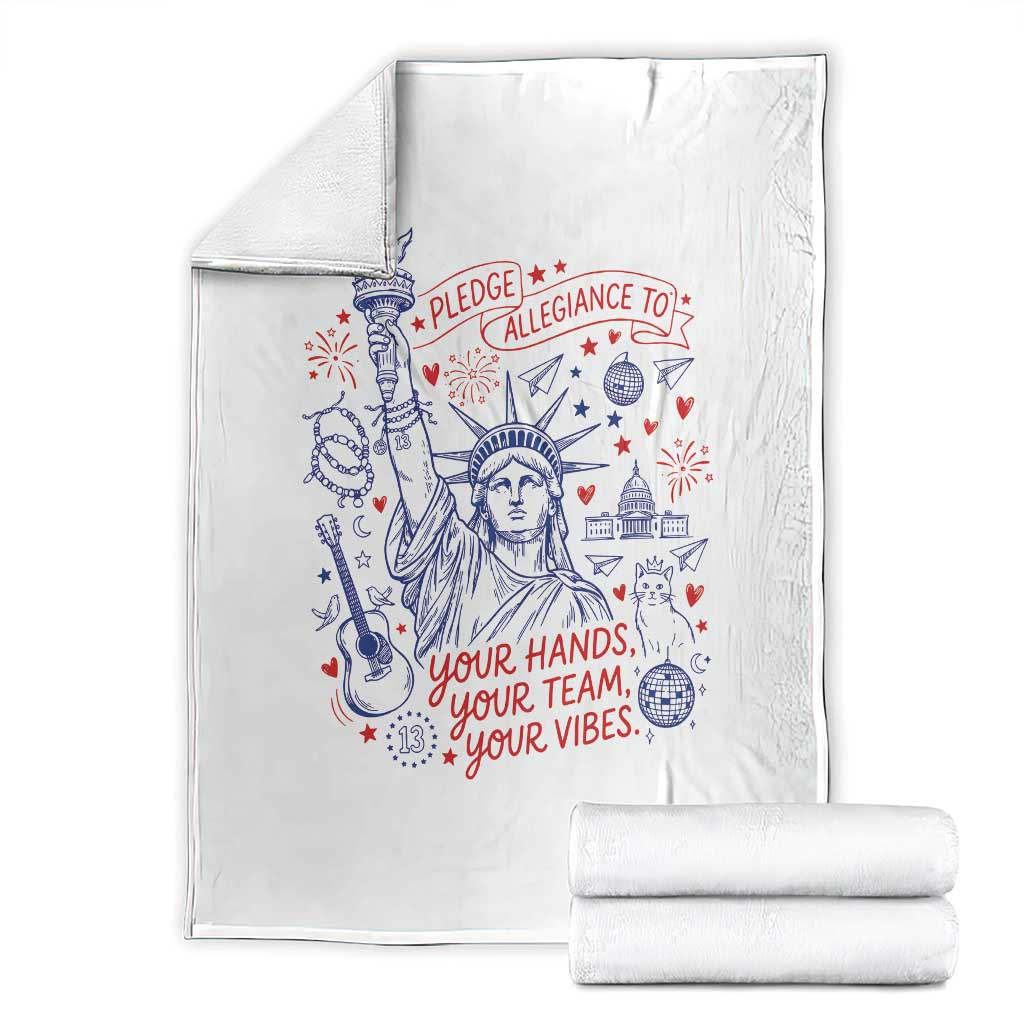Pledge Allegiance To Your Hands Team Vibes Throw Blanket Statue of Liberty Doodle Americana Graphic TS02 White Print Your Wear
