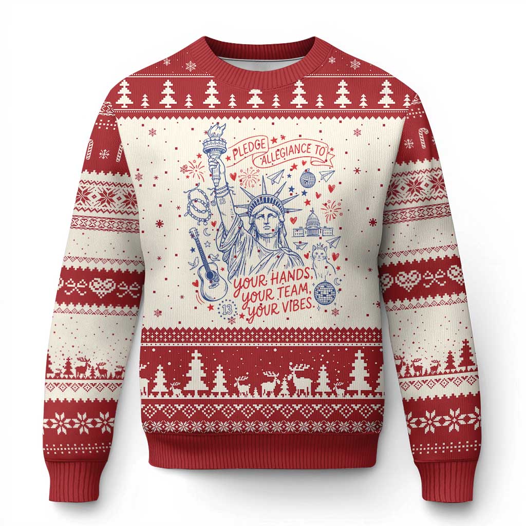 Pledge Allegiance To Your Hands Team Vibes Ugly Christmas Sweater Statue of Liberty Doodle Americana Graphic TS02 Beige Red Print Your Wear