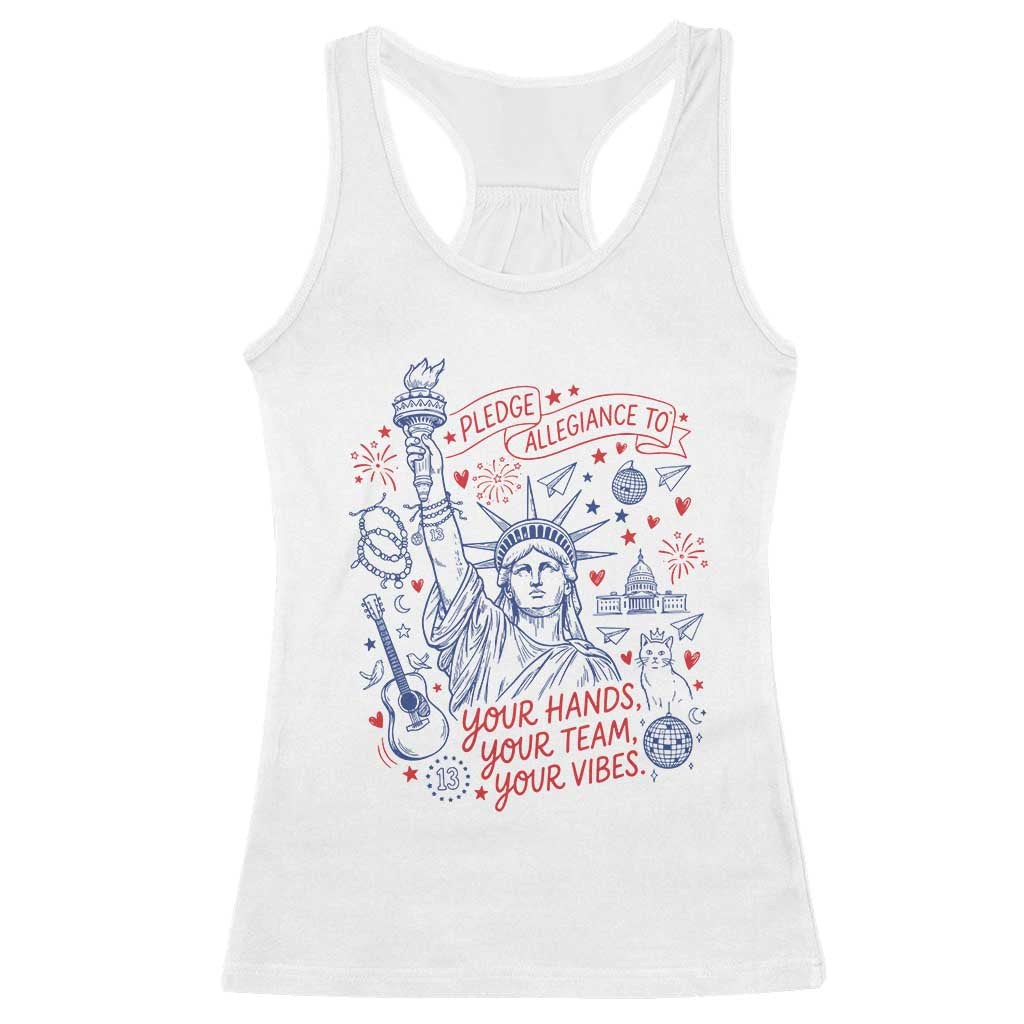 Pledge Allegiance To Your Hands Team Vibes Racerback Tank Top Statue of Liberty Doodle Americana Graphic TS02 White Print Your Wear