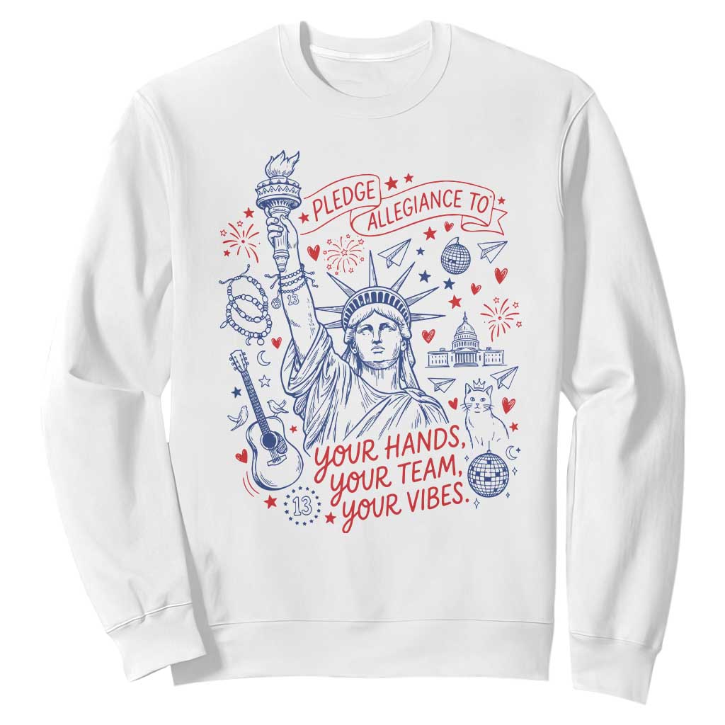 Pledge Allegiance To Your Hands Team Vibes Sweatshirt Statue of Liberty Doodle Americana Graphic TS02 White Print Your Wear
