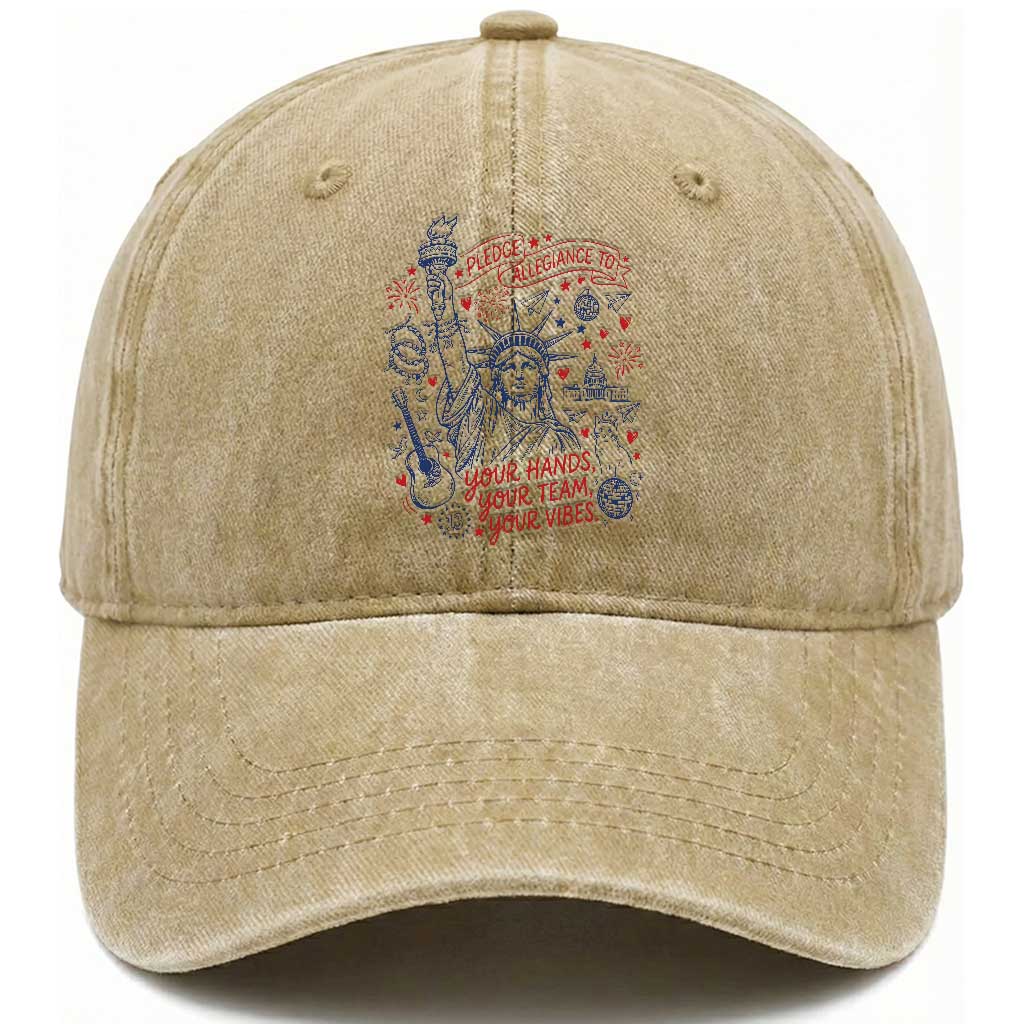 Pledge Allegiance To Your Hands Team Vibes Washed Cotton Baseball Cap Statue of Liberty Doodle Americana Graphic TS02 Print Your Wear