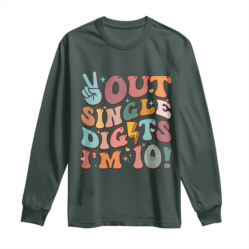 Funny Retro Groovy 10th Birthday Long Sleeve Shirt Out Single Digits I'm Ten TS02 Dark Forest Green Print Your Wear