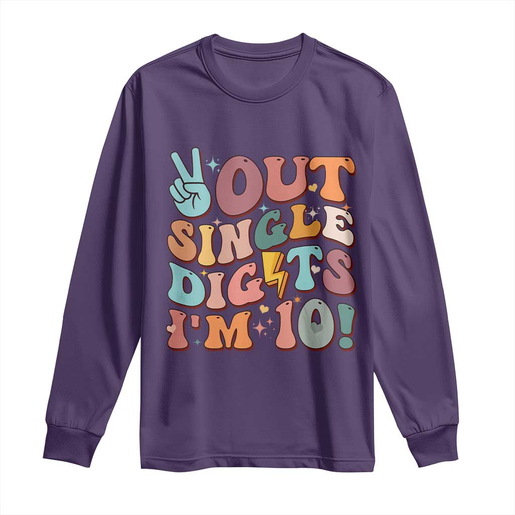 Funny Retro Groovy 10th Birthday Long Sleeve Shirt Out Single Digits I'm Ten TS02 Purple Print Your Wear
