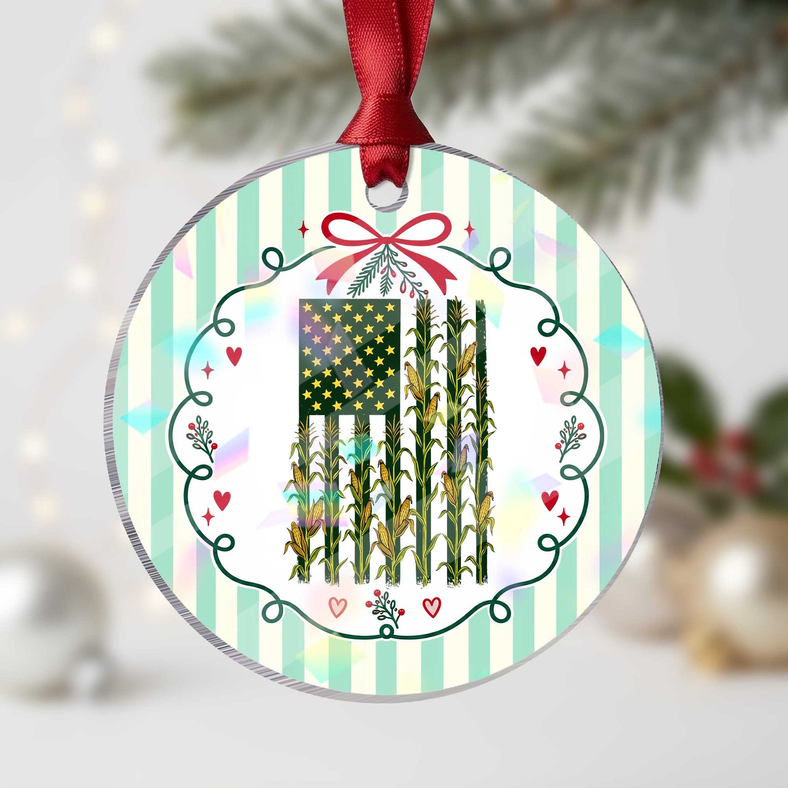 American Flag Corn Farmer Country Agriculture Holographic Acrylic Ornament Vintage Patriotic Harvest