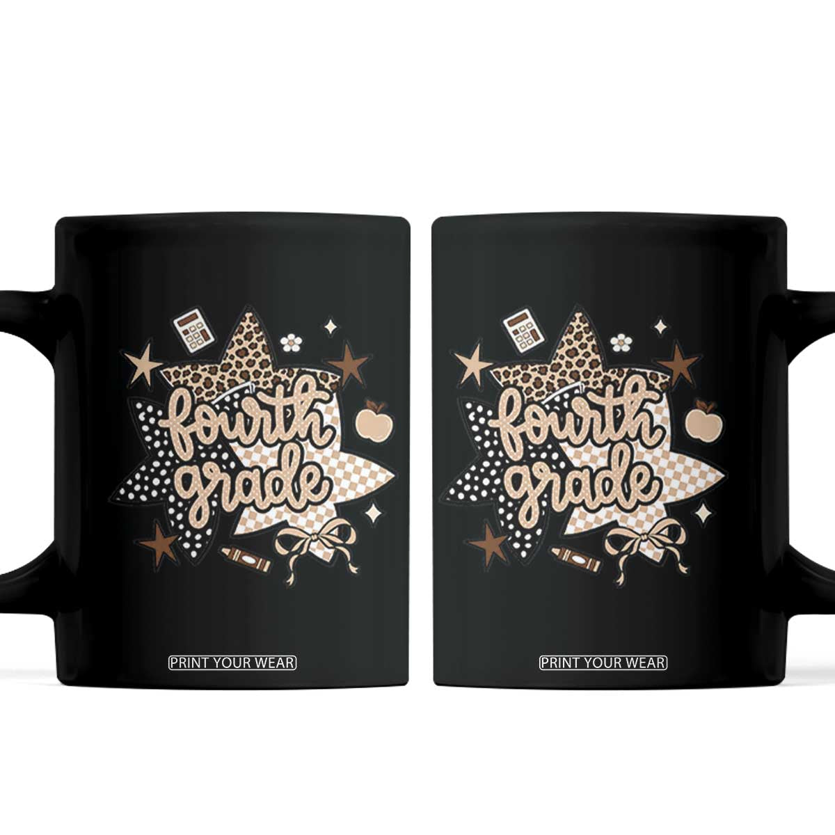 Fourth Grade Leopard Checkered Star Coquette Coffee Mug Cute 4th Grade Girl Back to School Gift TS02 Black Print Your Wear