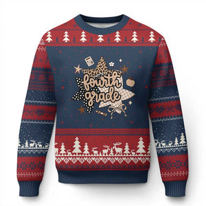 Fourth Grade Leopard Checkered Star Coquette Ugly Christmas Sweater Cute 4th Grade Girl Back to School Gift TS02 Navy Red Print Your Wear