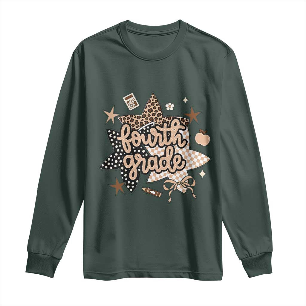 Fourth Grade Leopard Checkered Star Coquette Long Sleeve Shirt Cute 4th Grade Girl Back to School Gift TS02 Dark Forest Green Print Your Wear