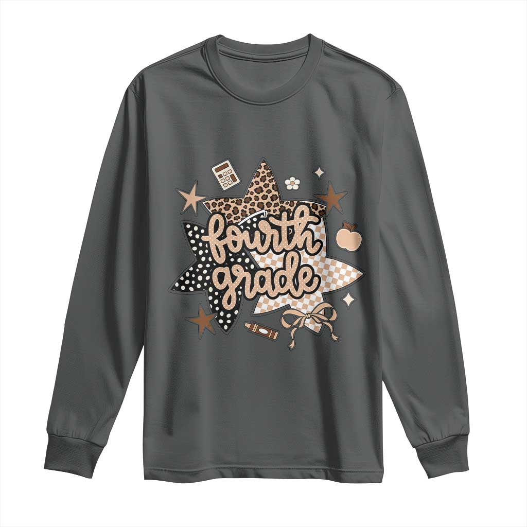 Fourth Grade Leopard Checkered Star Coquette Long Sleeve Shirt Cute 4th Grade Girl Back to School Gift TS02 Dark Heather Print Your Wear