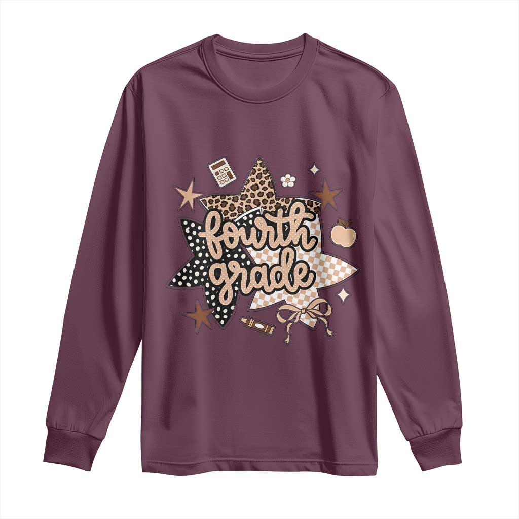 Fourth Grade Leopard Checkered Star Coquette Long Sleeve Shirt Cute 4th Grade Girl Back to School Gift TS02 Maroon Print Your Wear